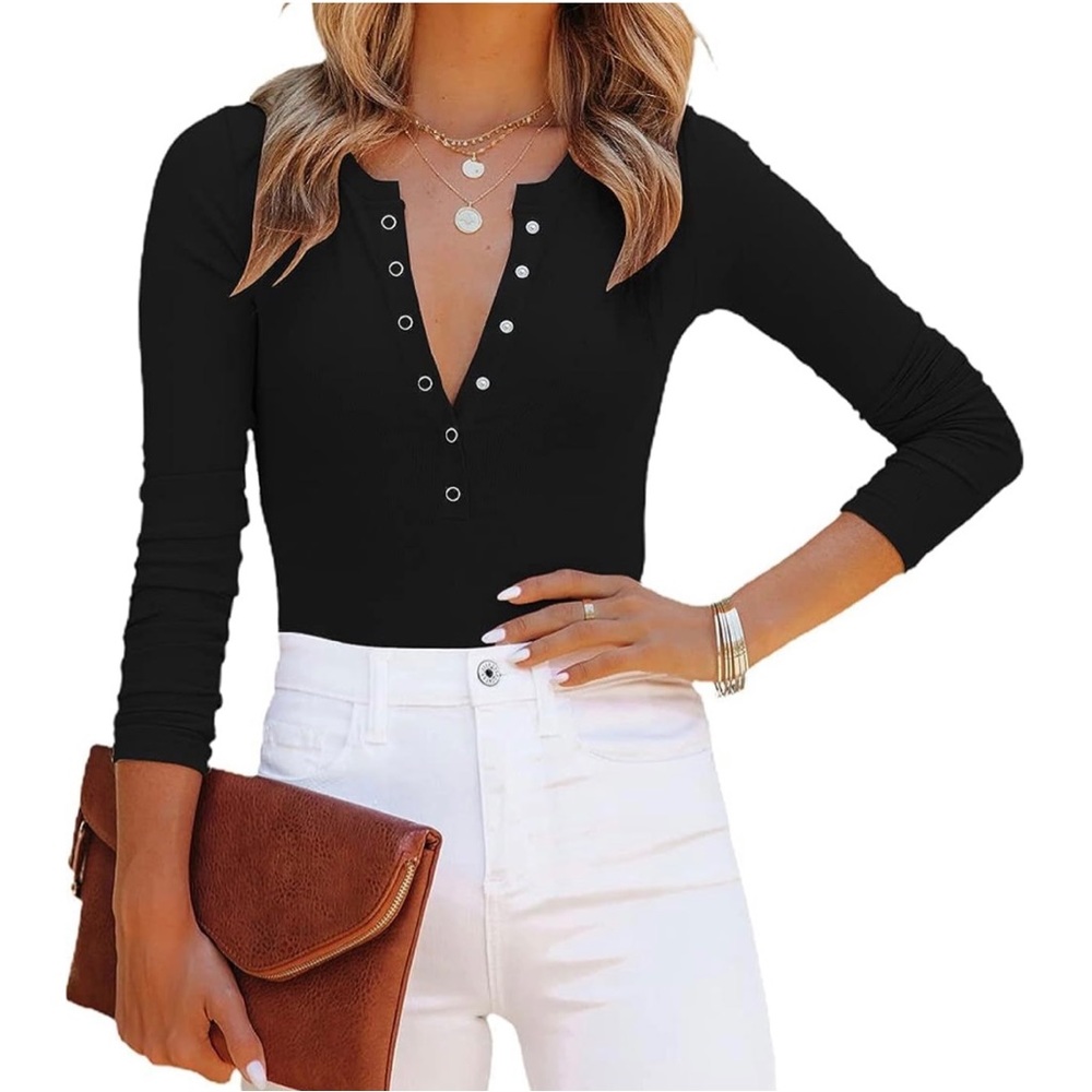 Solid Black V Neck Long Sleeve Ribbed Button Down Bodysuit